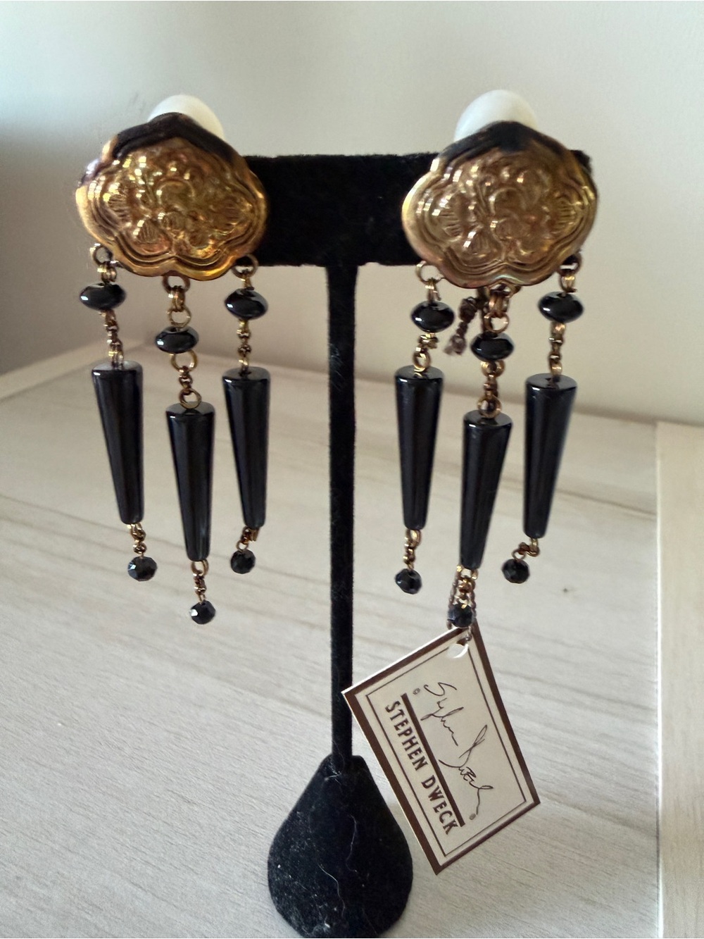 Stephen Dweck Gold and Black Onyx Cones Beaded Dangle Clip Earrings